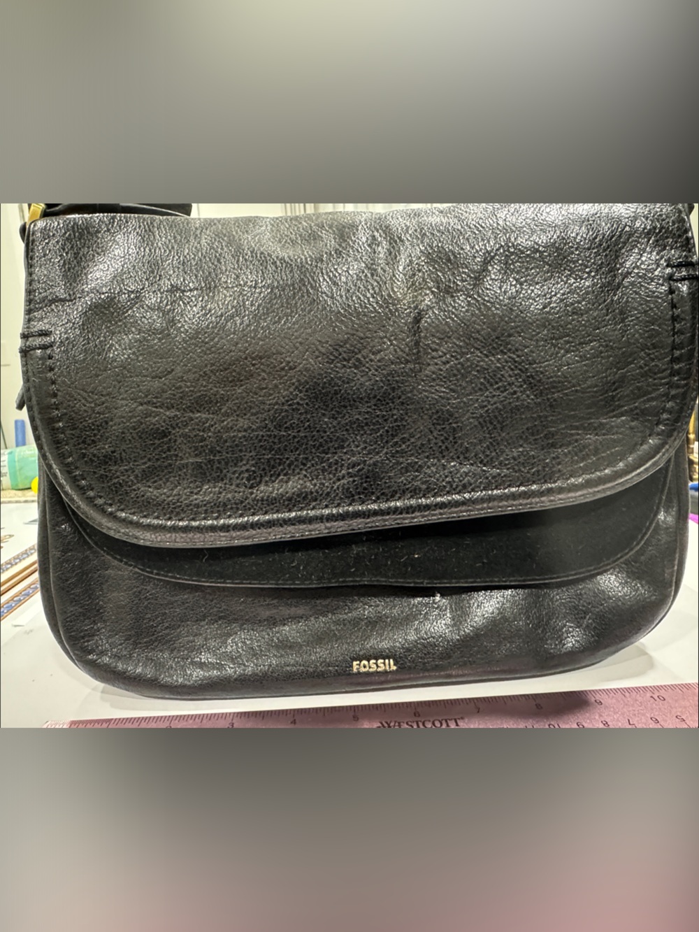 Fossil Black Leather Crossbody Flap Bag - Picture 2 of 7
